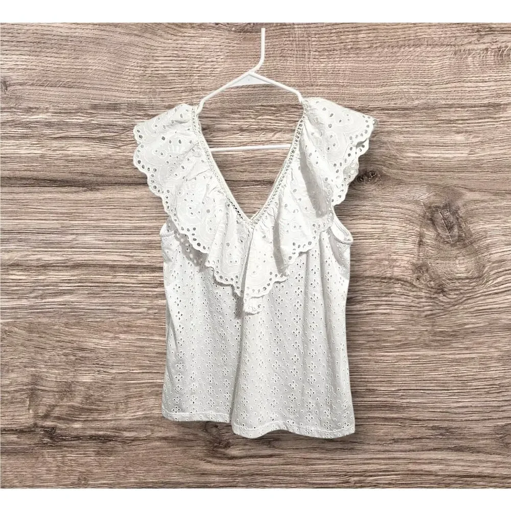 LOFT Eyelet V-Neck White Blouse Ruffle Tank Top Flutter Sleeve Size Small - Picture 1 of 5